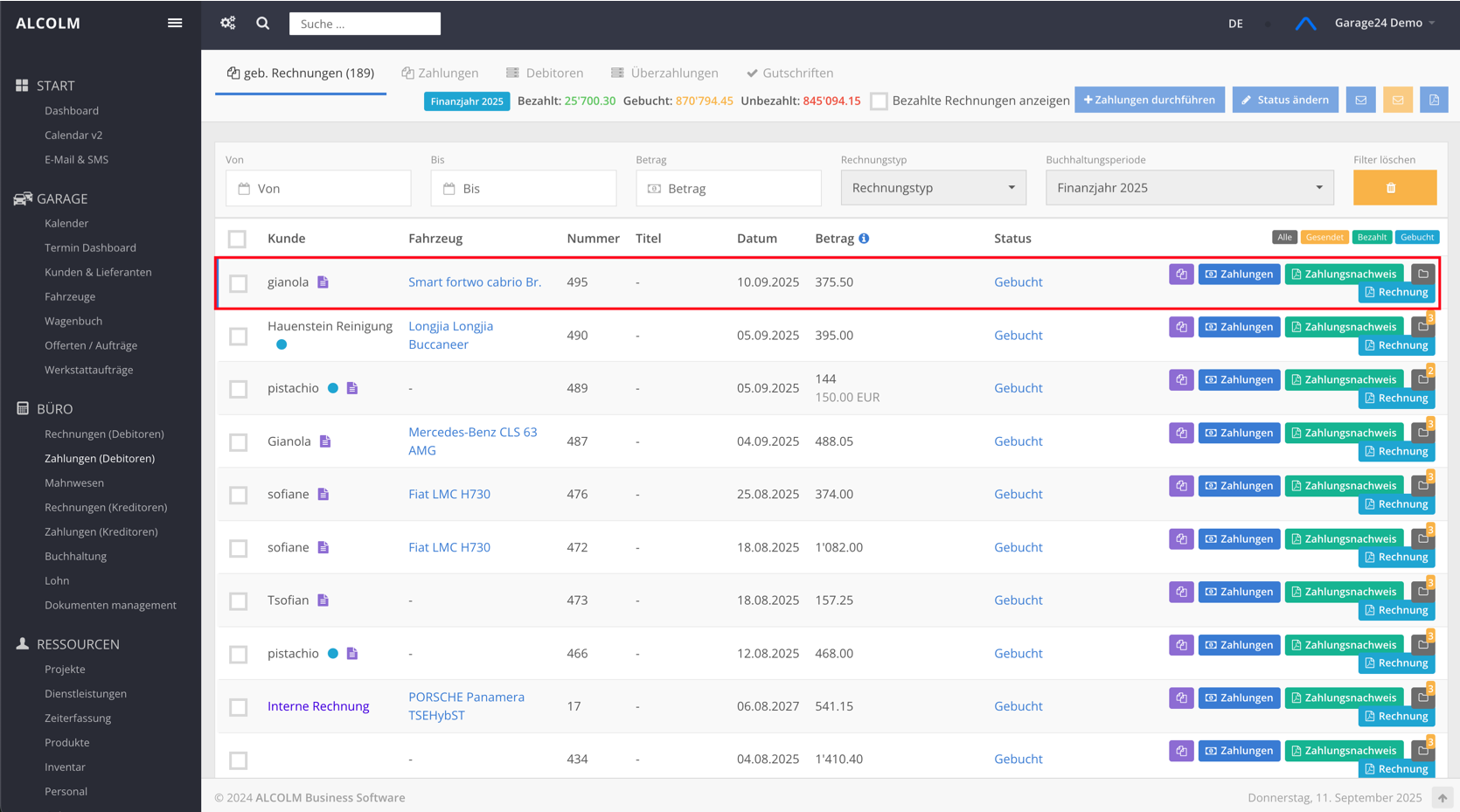 Liste der gebuchten Rechnungen
