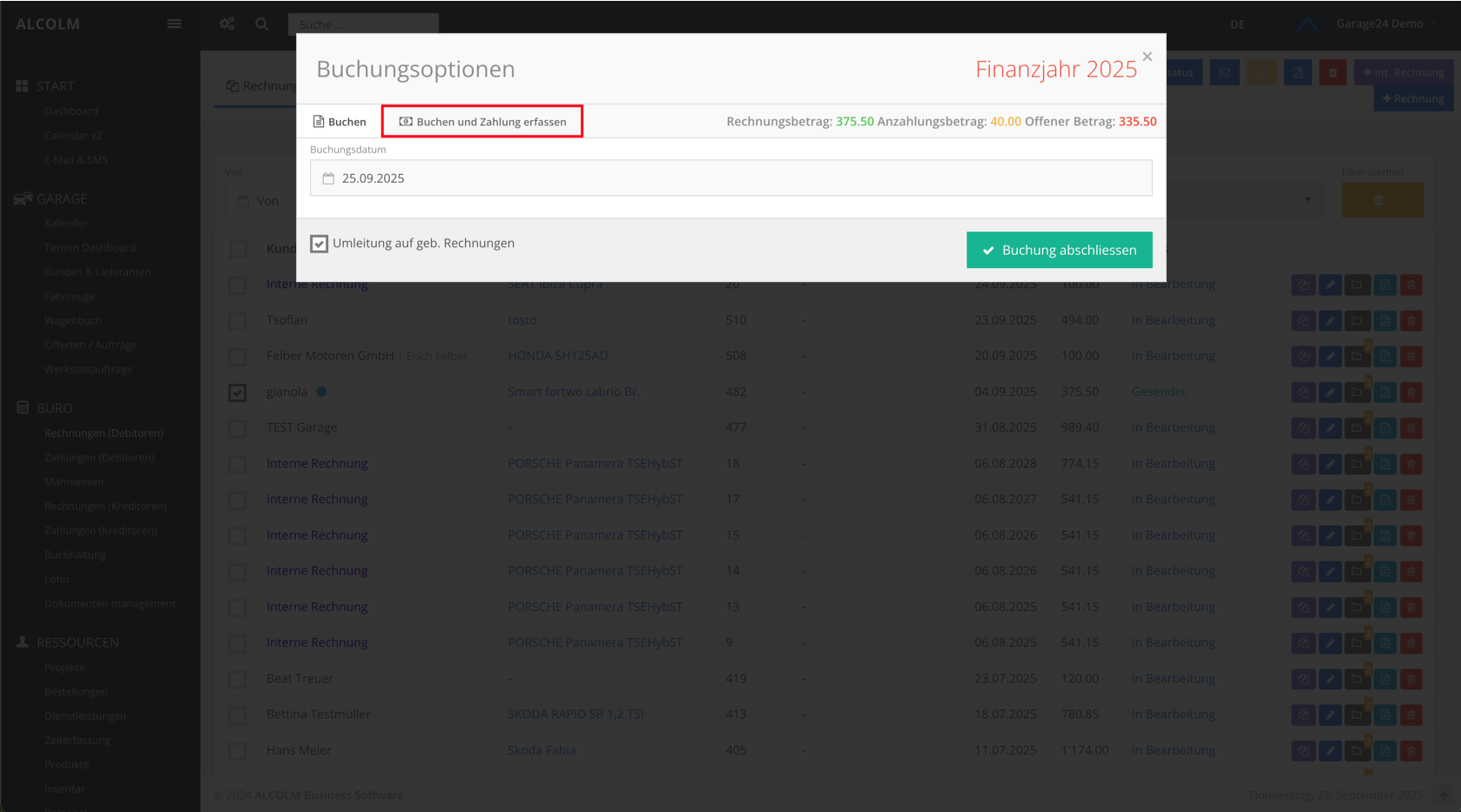 Auf Buchen und Zahlung erfassen Tab wechseln