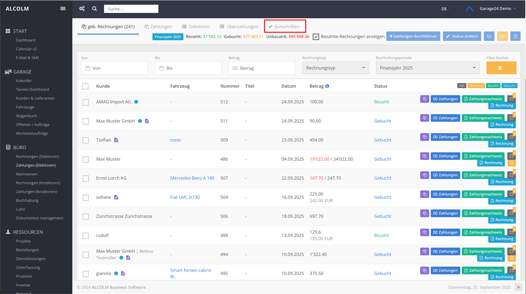 Tab wechseln zu Gutschriften