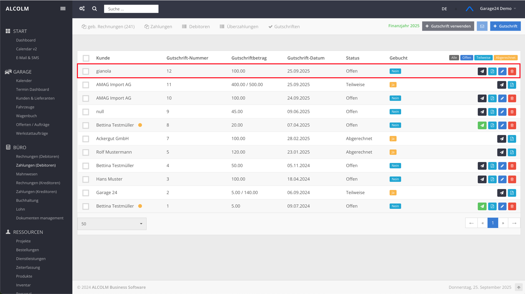 Liste der Gutschriften