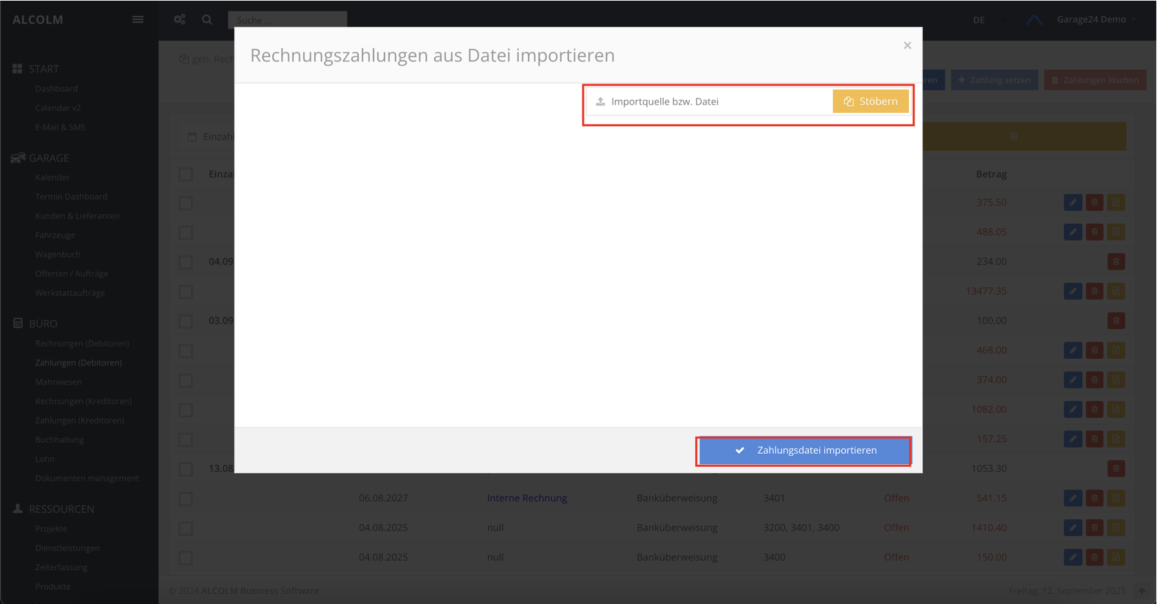 Zahlungsdatei importieren Fenster